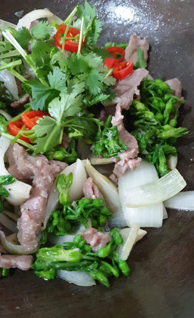 Gros plan bœuf sauté aux fleurs de Thiên Lý - cuisine vietnamienne - tulinhduong.com