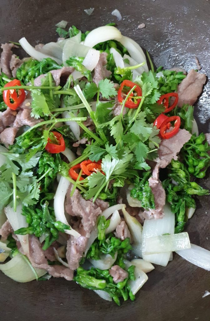 Gros plan bœuf sauté aux fleurs de Thiên Lý - cuisine vietnamienne - tulinhduong.com