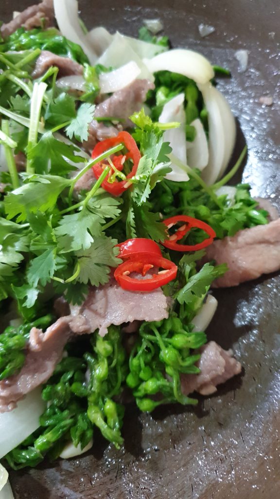 Gros plan bœuf sauté aux fleurs de Thiên Lý  - cuisine vietnamienne - tulinhduong.com
