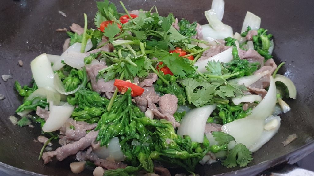 Gros plan bœuf sauté aux fleurs de Thiên Lý  - cuisine vietnamienne - tulinhduong.com