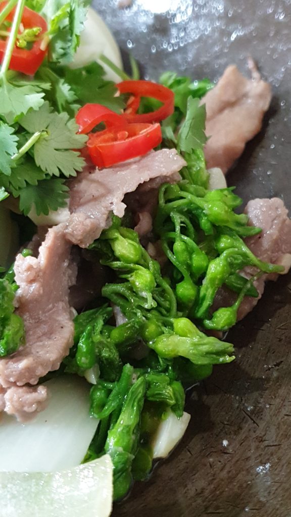 Gros plan bœuf sauté aux fleurs de Thiên Lý  - cuisine vietnamienne - tulinhduong.com
