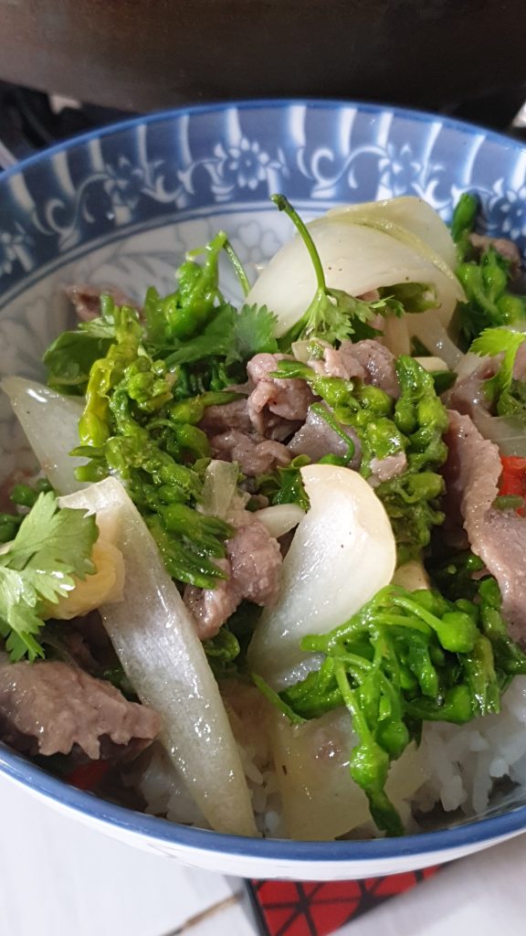 Gros plan bœuf sauté aux fleurs de Thiên Lý  - cuisine vietnamienne - tulinhduong.com