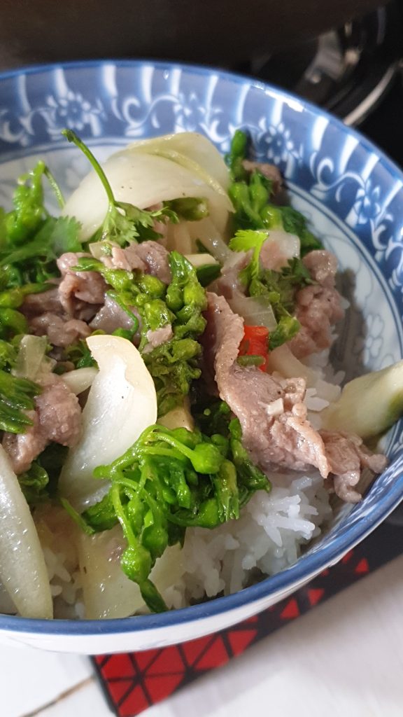 Bol de riz blanc et wok de bœuf aux fleurs de tonkin (bo xao hoa thien ly) - Tulinhduong.com - cuisine vietnamienne