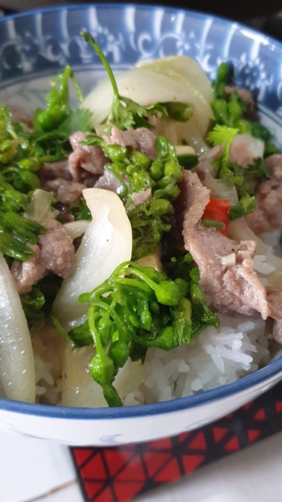 Bol de riz blanc et wok de bœuf aux fleurs de tonkin (bo xao hoa thien ly) - Tulinhduong.com - cuisine vietnamienne